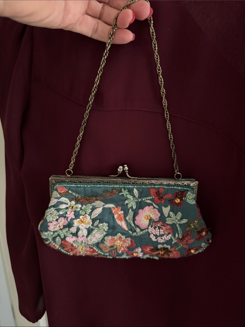 Embroidered Teal Floral Frame Clutch - Women Bags